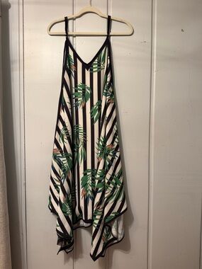 Jealous Tomato Black and Cream Striped Midi Dress with Green Leaf Print